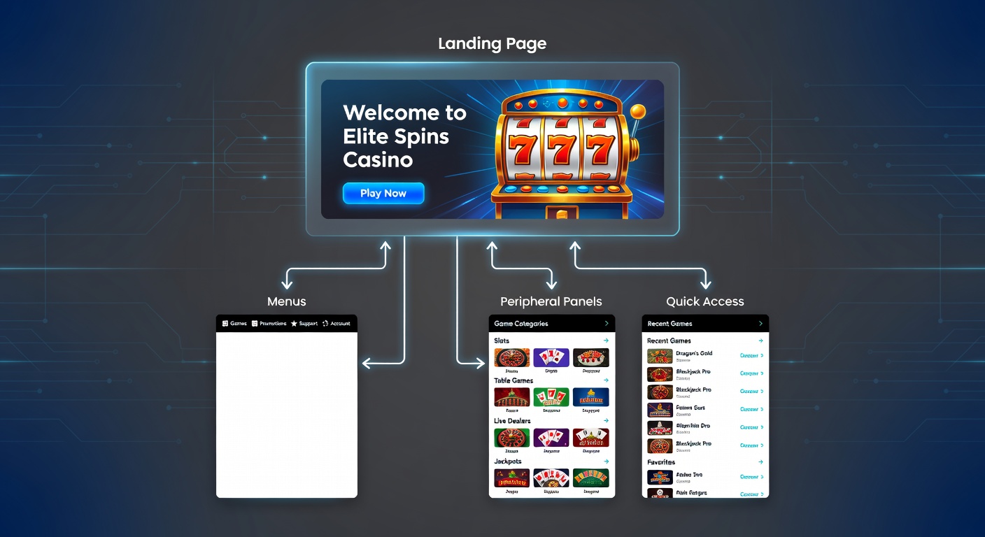 Schermafbeelding van een online casino-startpagina met prominente menu's en zijpanelen die directe speltoegang bieden