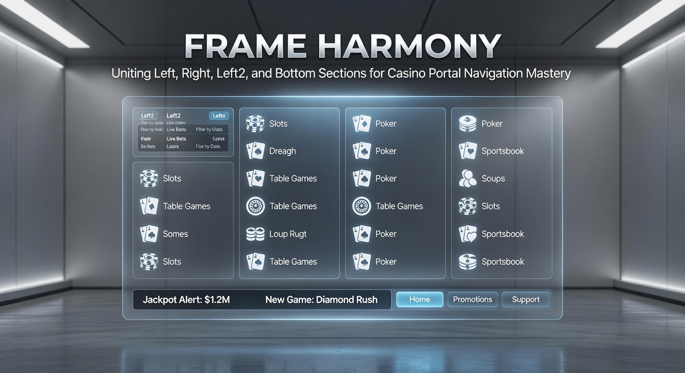 Schematische weergave van geïntegreerde frames in een casino portal, met linker-, rechter-, left2- en bodemsecties in harmonie