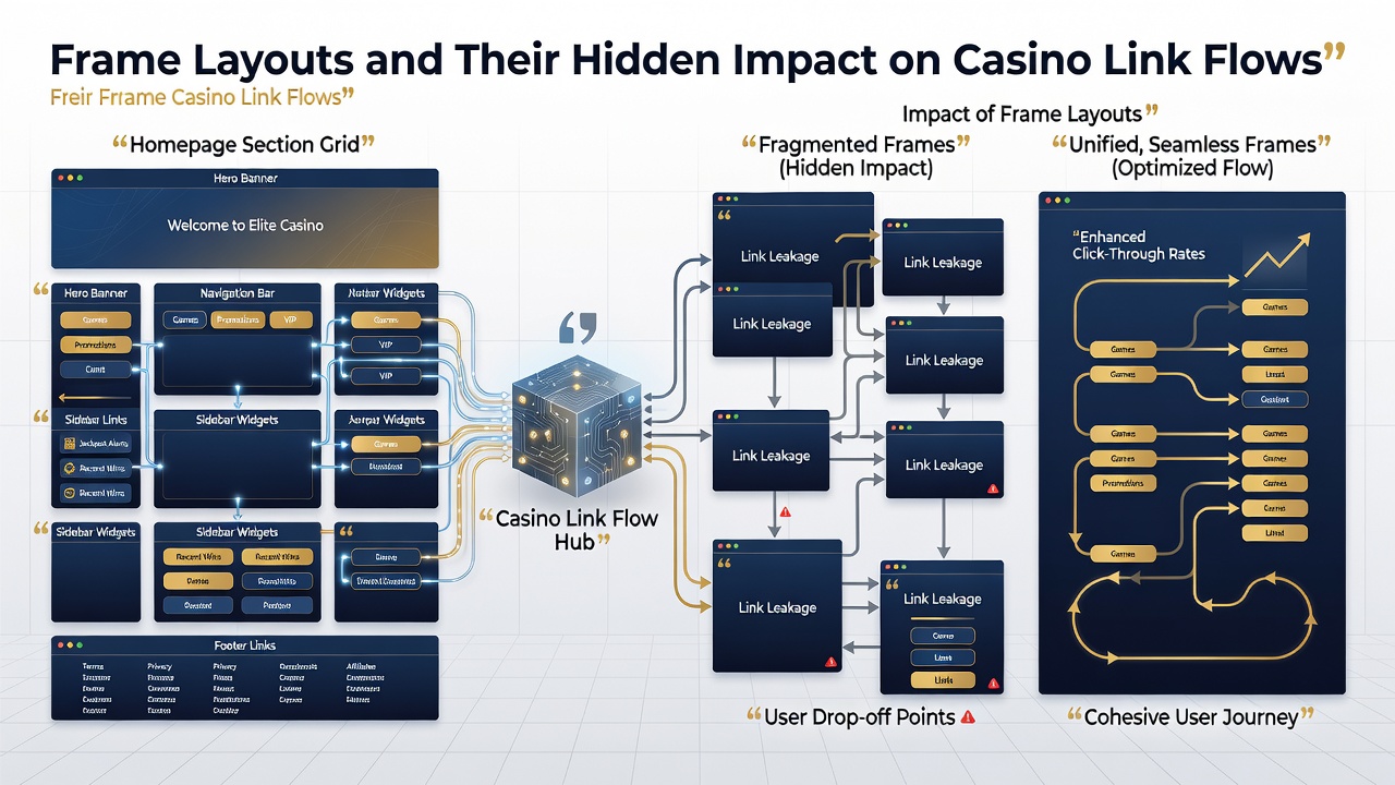 Diagram dat linkstromen illustreert tussen verschillende frames op een casino homepage