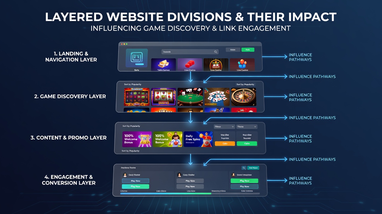 Illustratie van gelaagde websiteverdelingen met linker- en rechtersecties in een online gokplatform