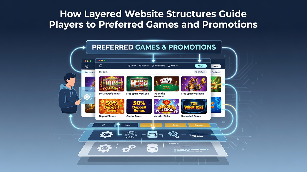 Illustratie van gelaagde navigatie op een casino website met frames voor spellen en promoties