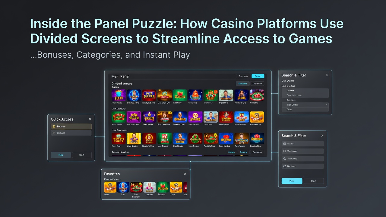 Detailopname van casino interface met navigatiepanelen en bonussecties