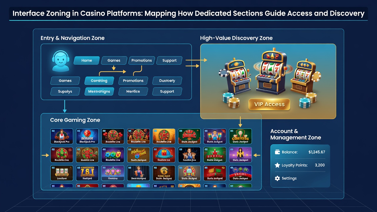 Voorbeeld van zijbalk en footer zoning in een casino interface