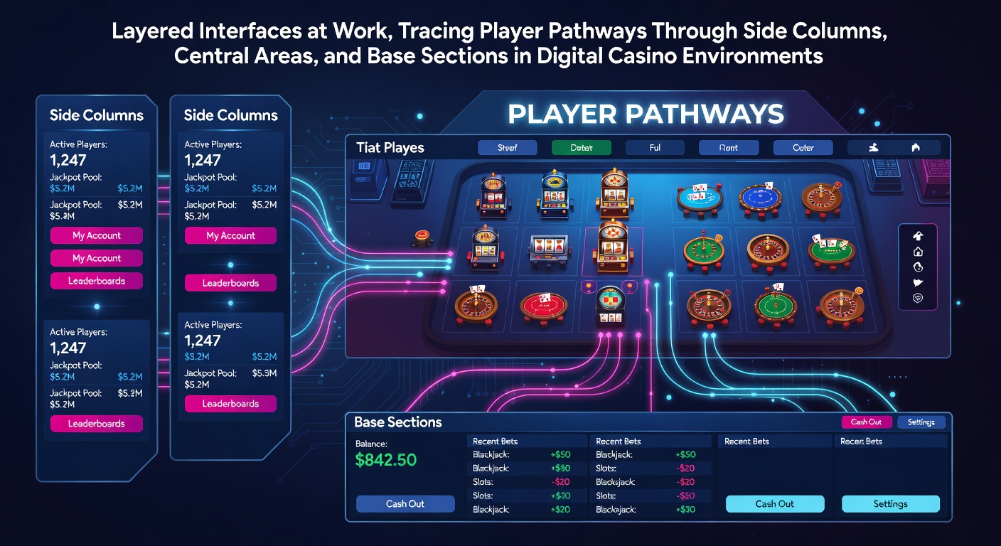 Illustratie van gelaagde interface-elementen in een digitaal casino-platform met zichtbare zijkolommen, centrale spelgebieden en basissecties
