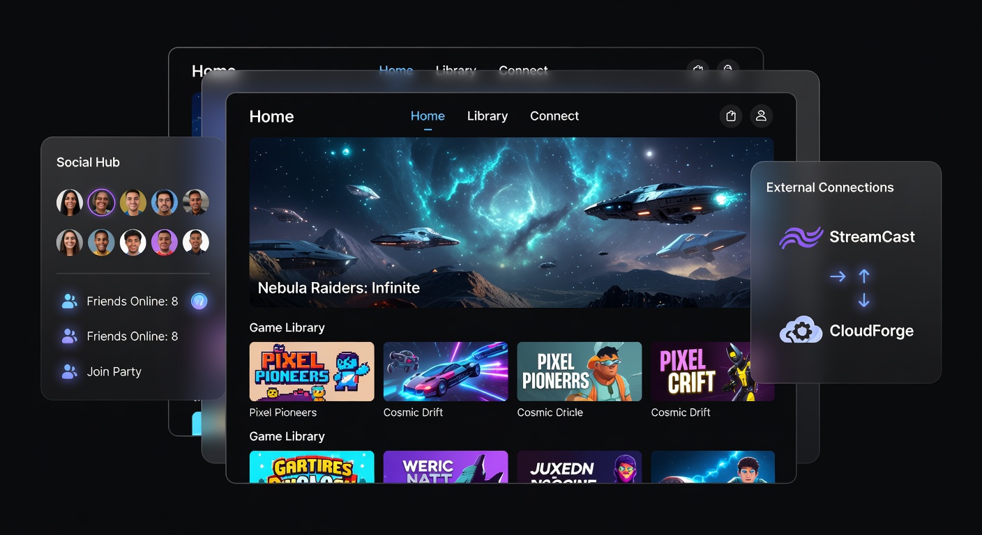 Gelaagde lay-out in een gamingplatform met centrale display en perifere secties voor spelbibliotheken