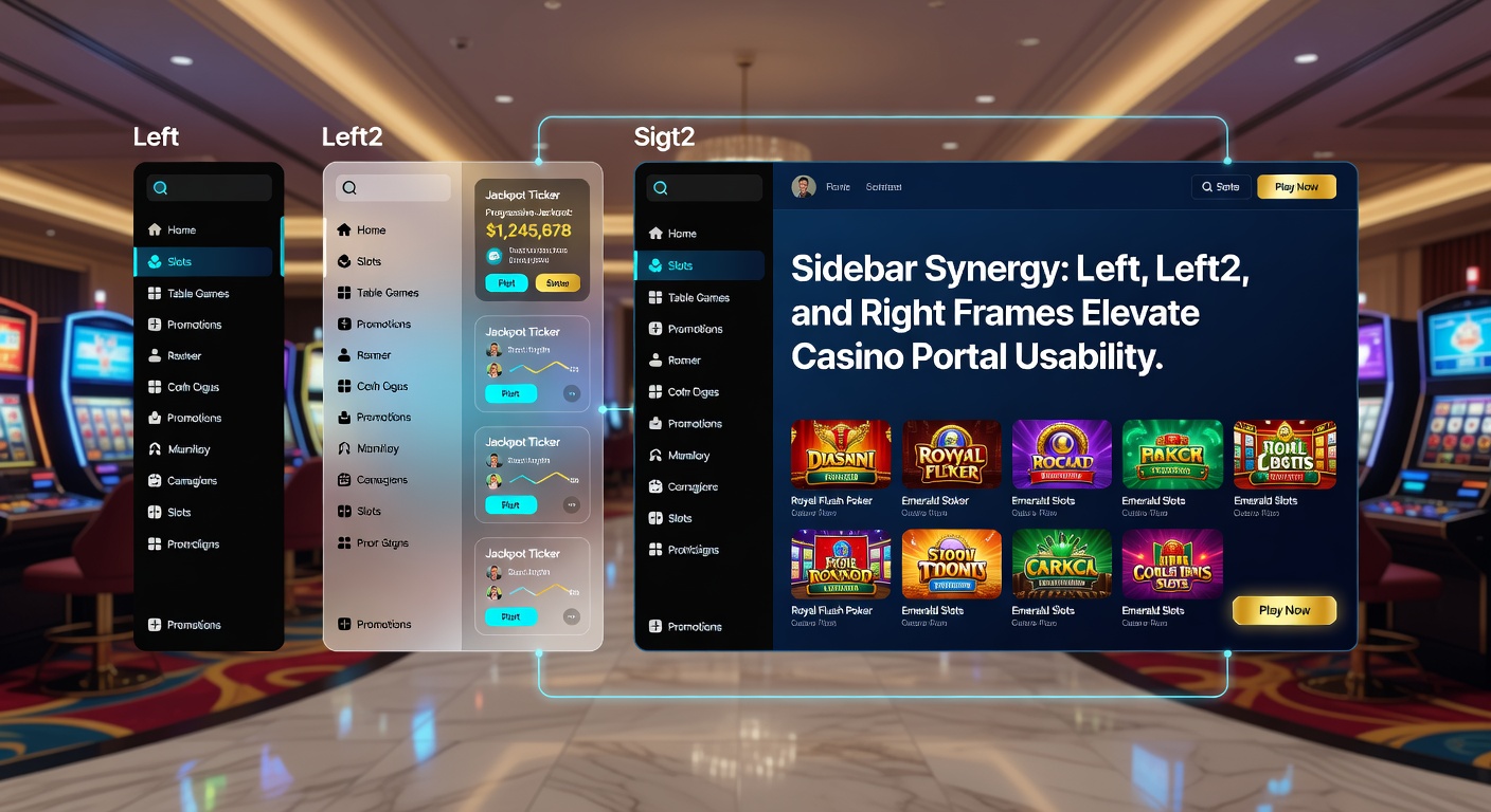 Schermafbeelding van een casino portal met linker-, Linker2- en rechterzijbalken die navigatie-elementen tonen, inclusief spellenlijsten en promoties
