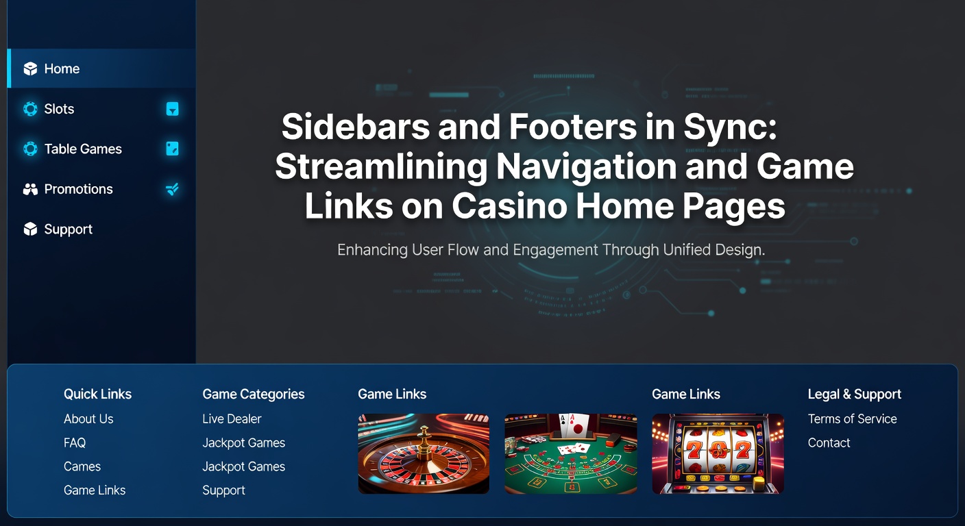 Voorbeeld van een casino homepage met geoptimaliseerde zijbalk en voettekst voor snelle speltoegang