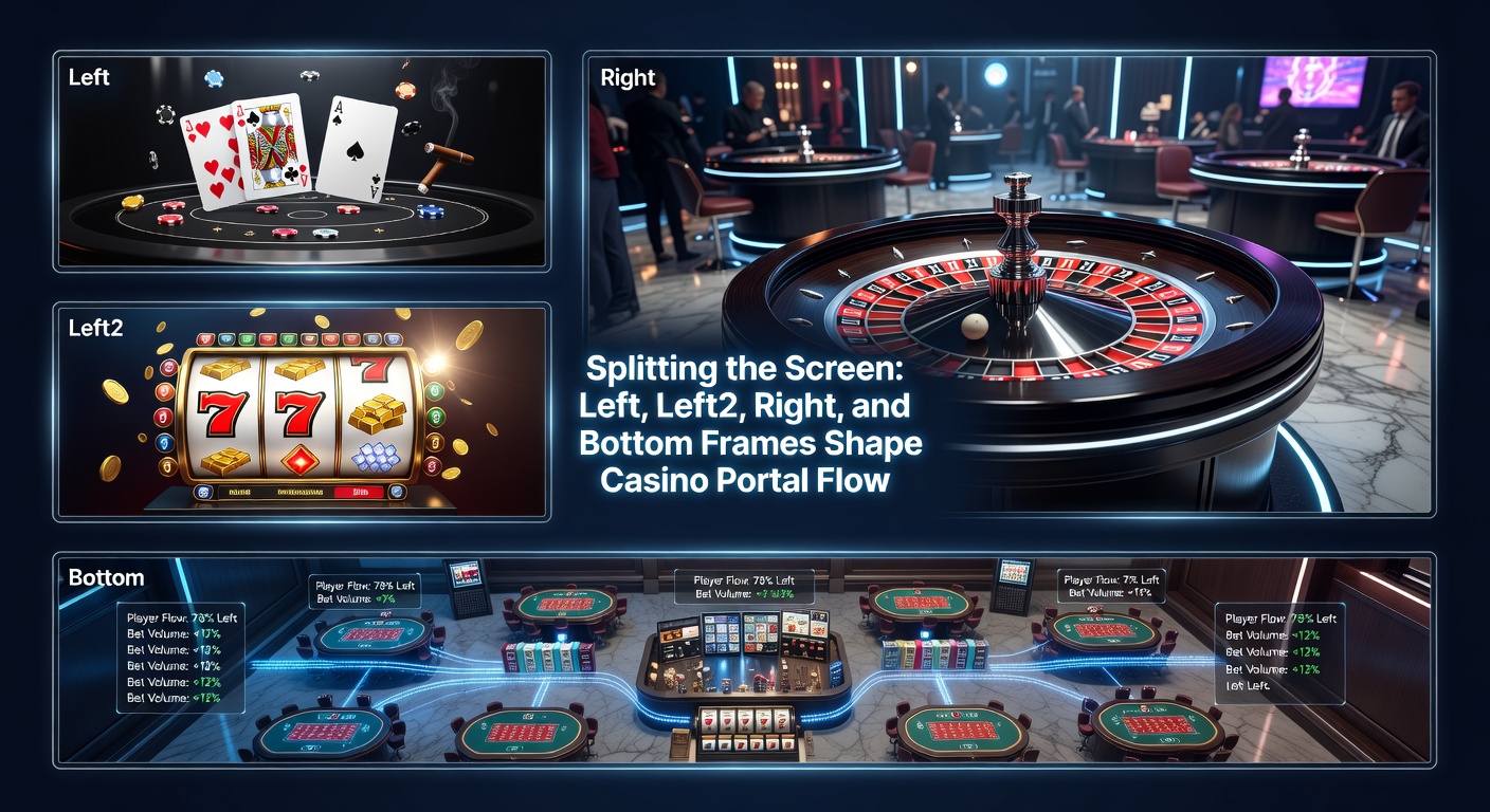 Overzicht van een typische casino portal schermindeling met linker, linker2, rechter en bodemframes duidelijk gemarkeerd