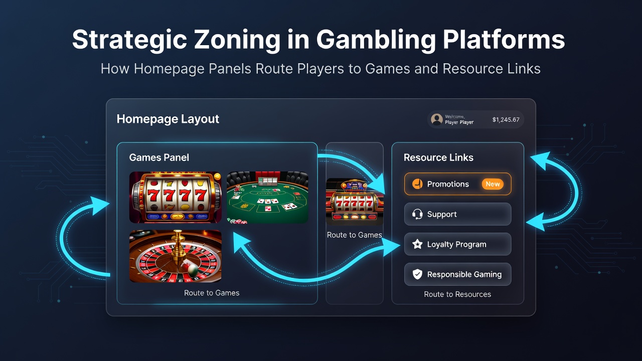 Homepage indeling met strategische panelen die spelers naar spellen en bronnen leiden