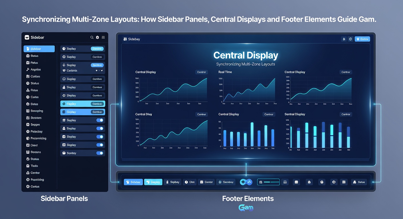 Voorbeeld van een goksite interface met gesynchroniseerde zijbalk centrale display en footer elementen